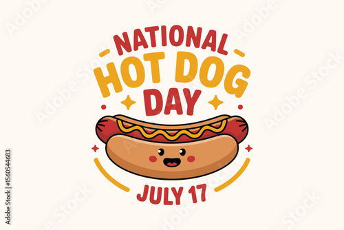 Flat icon hot dog character with funny face and text for national hot dog day celebration on july 17 sticker  