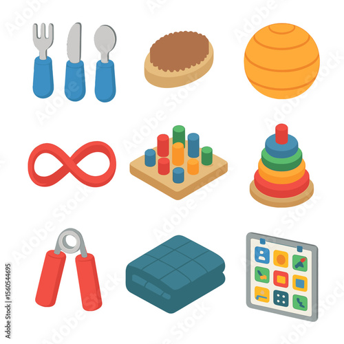 Occupational Therapy Tools. Isometric Flat icon set of occupational therapy session: adaptive utensils, sensory brush, therapy
