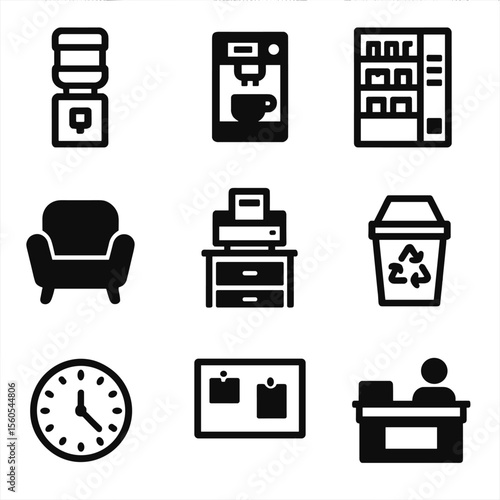 Office Amenities Icons. Solid, filled icon set of office environment amenities: water cooler, coffee machine, snack bar, lounge