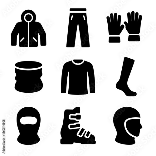 Off-Piste Ski Gear Icons. Solid, filled icon set of off-piste skiing apparel: insulated jacket, ski pants, gloves, neck gaiter,