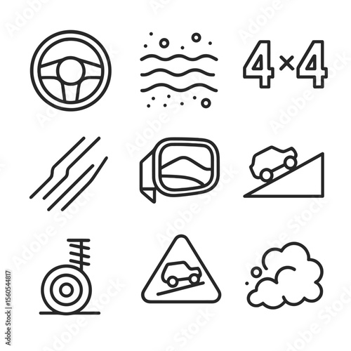 Off-Road Icon Set. Outline icon set of off-road driving POV: steering wheel, muddy road surface, 4x4 indicator, skid marks, side