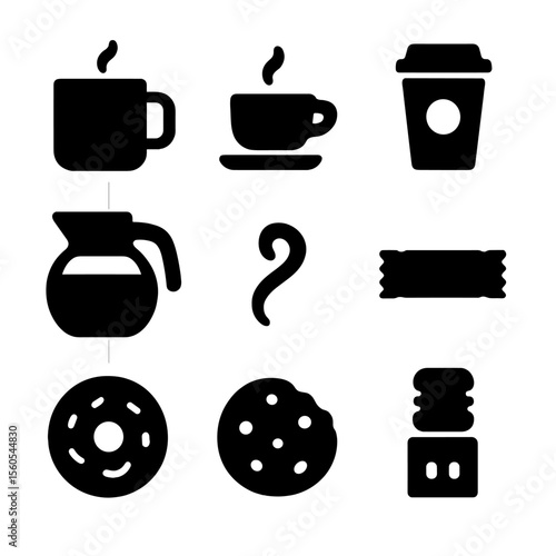 Office Coffee Icons. Solid, filled icon set of office coffee break: coffee mug, espresso cup, to-go cup, coffee pot, steam swirl,