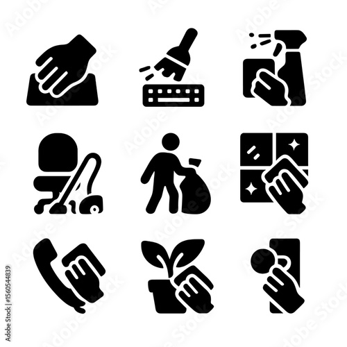 Office Cleaning Icons. Solid, filled icon set of office cleaning essentials: desk wipe, keyboard duster, monitor spray, chair