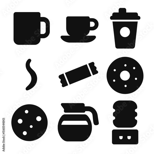 Office Coffee Icons. Solid, filled icon set of office coffee break: coffee mug, espresso cup, to-go cup, coffee pot, steam swirl,