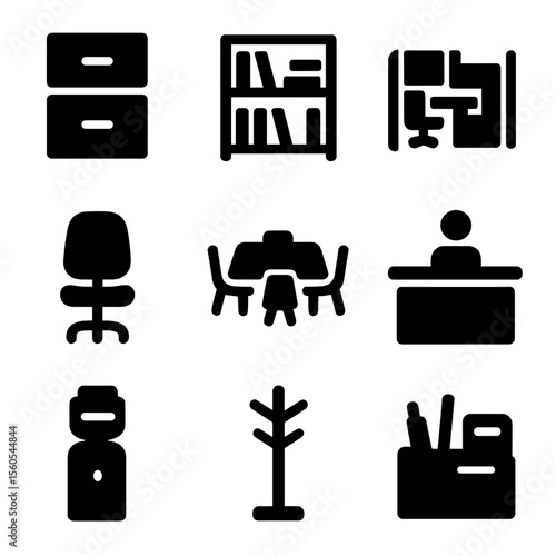 Office Furniture Icons. Solid, filled icon set of office furniture: filing cabinet, bookshelf, cubicle, swivel chair, conference
