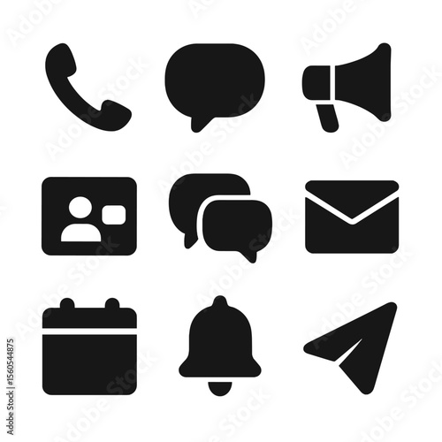 Office Communication Icons. Solid, filled icon set of office communication tools: telephone handset, speech bubble, megaphone,