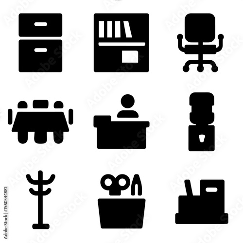 Office Furniture Icons. Solid, filled icon set of office furniture: filing cabinet, bookshelf, cubicle, swivel chair, conference