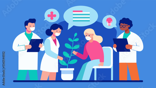 A group of spets including a neurologist geneticist and counselor are working together to diagnose a patient with a rare inherited disorder that affects brain function. They. Vector illustration