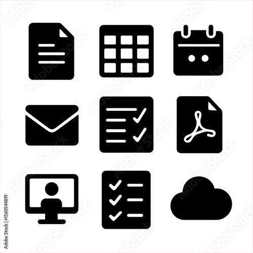 Office Icons Grid. Solid, filled icon set of office software usage: word processor, spreadsheet icon, calendar sync, email client,