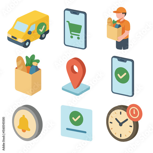 Online Grocery Icons. Isometric Flat icon set of online grocery delivery: delivery van, smartphone app, delivery person, grocery