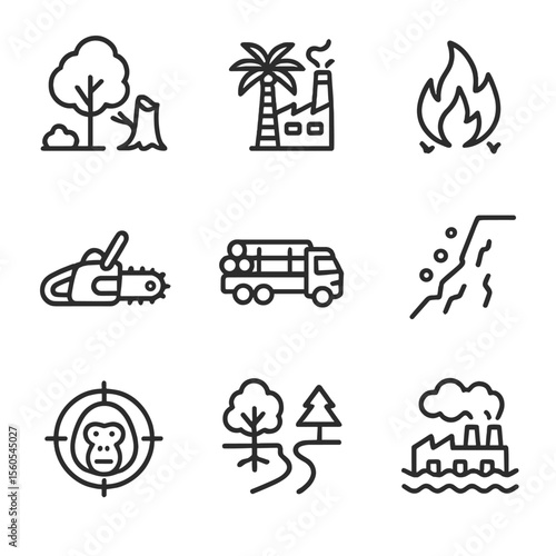 Orangutan Threat Icons. Outline icon set of threats to orangutans: deforestation, palm oil factory, fire, chainsaw, logging truck,