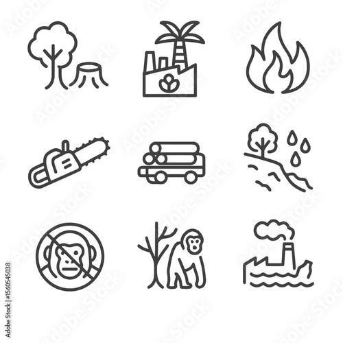 Orangutan Threat Icons. Outline icon set of threats to orangutans: deforestation, palm oil factory, fire, chainsaw, logging truck,