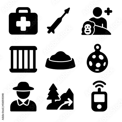 Orangutan Rescue Icons. Solid, filled icon set of orangutan rescue and rehabilitation: medical kit, tranquilizer dart, veterinary