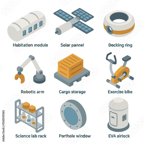 Orbital Station Icon Set. Isometric Flat icon set of orbital station tourism: habitation module, solar panel array, docking ring,