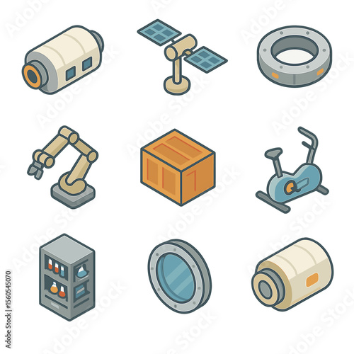 Orbital Station Icon Set. Isometric Flat icon set of orbital station tourism: habitation module, solar panel array, docking ring,