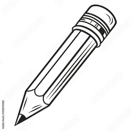 A simple black and white drawing of a sharpened graphite pencil with an eraser