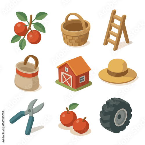 Orchard Harvest Icons. Isometric Flat icon set of couple fruit picking in an orchard on a farm: apple tree branch, wicker basket,