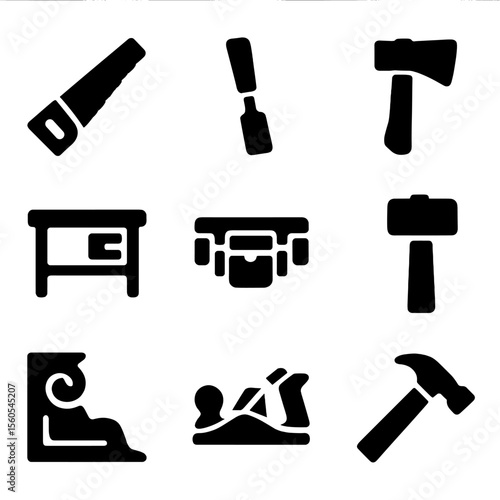 Outdoor Craftsmanship Icons. Solid, filled icon set of outdoor craftsmanship: hand saw, wood chisel, axe head, workbench, tool