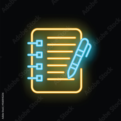 Neon sign depicting a pen writing on a notepad, representing the act of taking notes or jotting down ideas