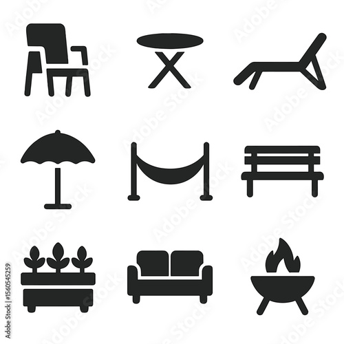 Outdoor Furniture Icons. Solid, filled icon set of outdoor furniture: patio chair, garden table, lounge chair, umbrella, hammock,