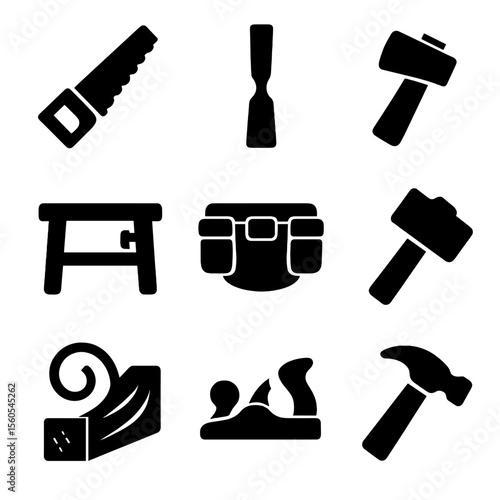 Outdoor Craftsmanship Icons. Solid, filled icon set of outdoor craftsmanship: hand saw, wood chisel, axe head, workbench, tool