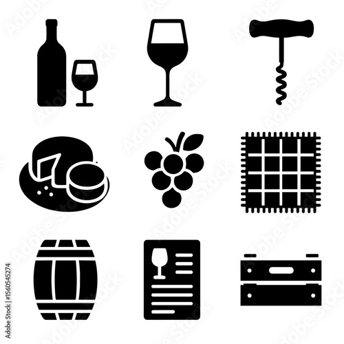 Outdoor Wine Essentials Icons. Solid, filled icon set of outdoor wine tasting essentials: wine bottle, wine glass, corkscrew,