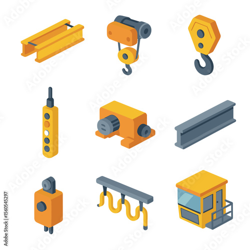 Overhead Crane Icons. Isometric Flat icon set of overhead crane systems: bridge girder, hoist trolley, hook block, control pendant