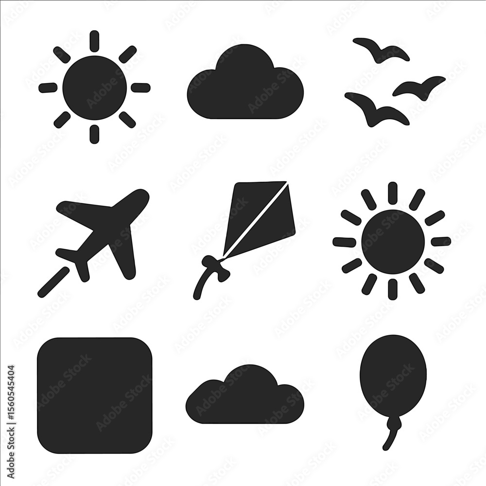 Daytime Skies Icons. Solid, filled icon set of daytime skies: bright sun, fluffy cloud, birds flying, airplane trail, kite, sun Daytime Skies Icons. Solid, filled icon set of daytime skies: bright sun, fluffy cloud, birds flying, airplane trail, kite, sun