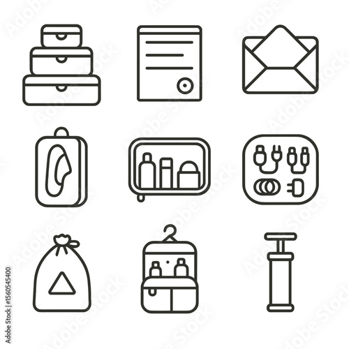 Packing Tools Icons. Outline icon set of packing organization tools: packing cubes, compression bags, garment folders, shoe bags,