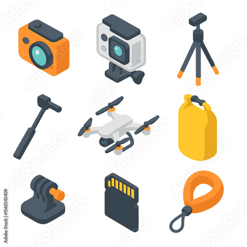 Paddleboarding Gear Icons. Isometric Flat icon set of paddleboarding photography gear: waterproof camera, action camera, tripod,