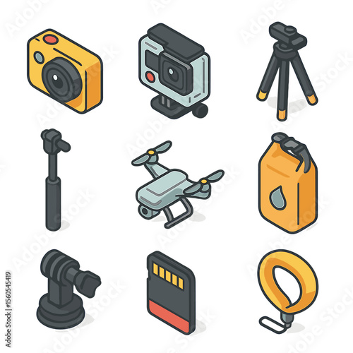 Paddleboarding Gear Icons. Isometric Flat icon set of paddleboarding photography gear: waterproof camera, action camera, tripod,