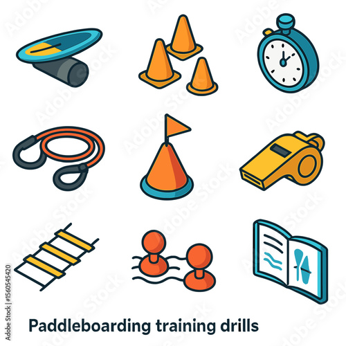 Paddleboarding Training Icons. Isometric Flat icon set of paddleboarding training drills: balance board, agility cones, timing
