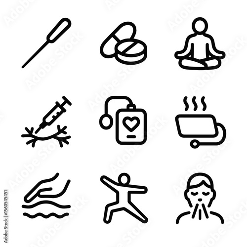 Pain Management Icons. Solid, filled icon set of pain management techniques: acupuncture needle, painkillers, meditation pose,