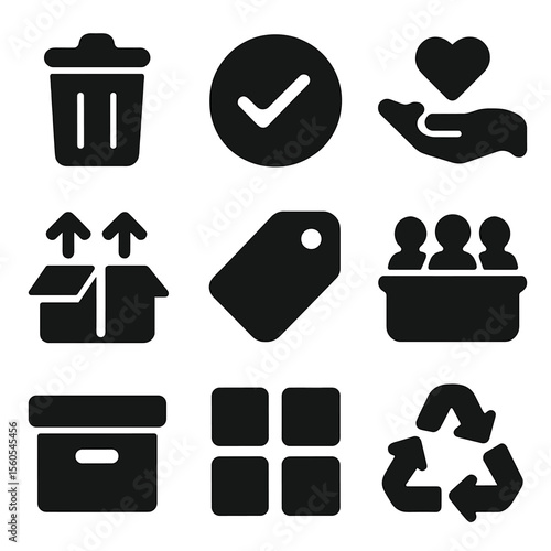 Decluttering Icon Set. Solid, filled icon set of decluttering actions: discard icon, keep icon, donate icon, move icon, label icon
