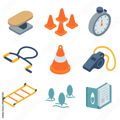 Paddleboarding Training Icons. Isometric Flat icon set of paddleboarding training drills: balance board, agility cones, timing