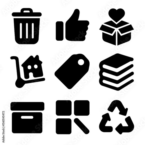 Decluttering Icon Set. Solid, filled icon set of decluttering actions: discard icon, keep icon, donate icon, move icon, label icon