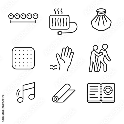 Pain Management Icons. Outline icon set of chronic pain management: pain scale chart, heating pad, ice pack, medication patch,