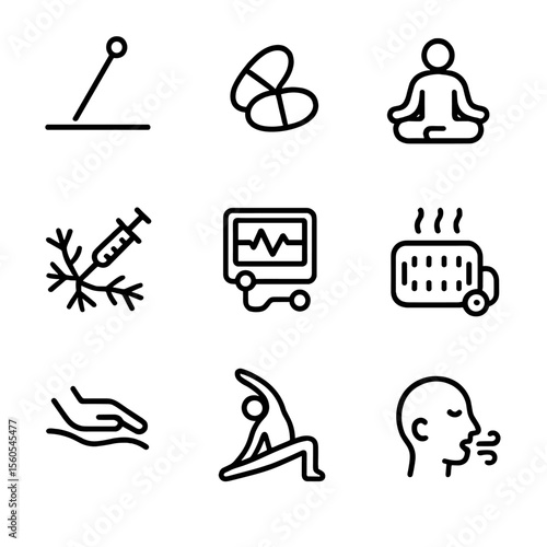 Pain Management Icons. Solid, filled icon set of pain management techniques: acupuncture needle, painkillers, meditation pose,