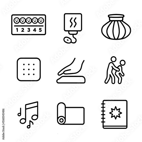 Pain Management Icons. Outline icon set of chronic pain management: pain scale chart, heating pad, ice pack, medication patch,