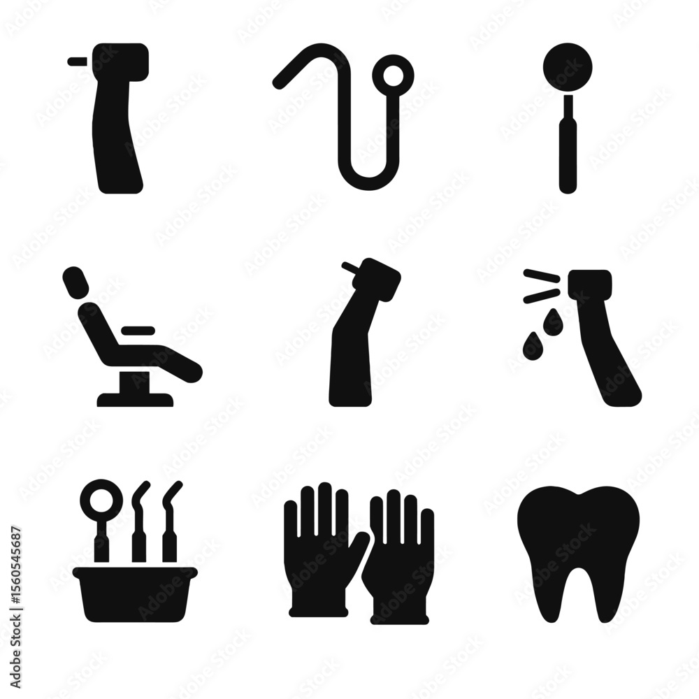 Obraz premium Dental Equipment Icons. Solid, filled icon set of dental drills and equipment: dental drill, suction tube, dental mirror, patient