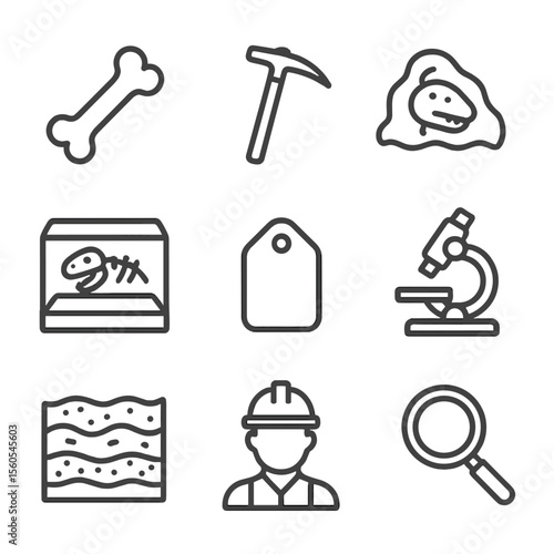 Paleontology Icon Set. Outline icon set of paleontological fossil conservation: dinosaur bone, excavation pick, plaster jacket,