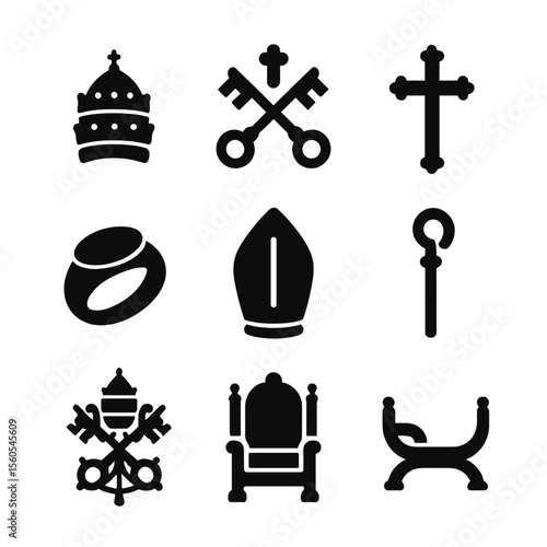 Papal Symbols Icons. Solid, filled icon set of papal symbols: tiara, keys of St. Peter, papal cross, ring, mitre, staff, coat of