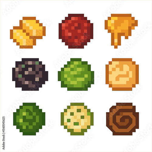 Delicious Bread Toppings. Pixel art icon set of bread toppings and spreads: butter pats, strawberry jam, honey drizzle, olive