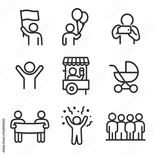 Parade Icon Set. Outline icon set of parade onlookers: waving flag, helium balloons, camera phone, cheering child, vendor popcorn,
