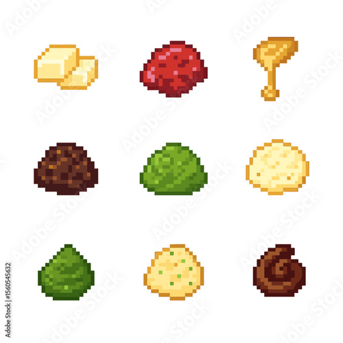 Delicious Bread Toppings. Pixel art icon set of bread toppings and spreads: butter pats, strawberry jam, honey drizzle, olive