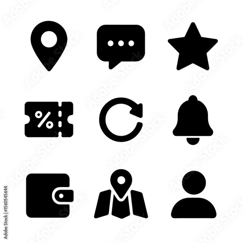 Delivery App Icons. Solid, filled icon set of delivery apps features: map pin, chat support, rating star, promo code, order