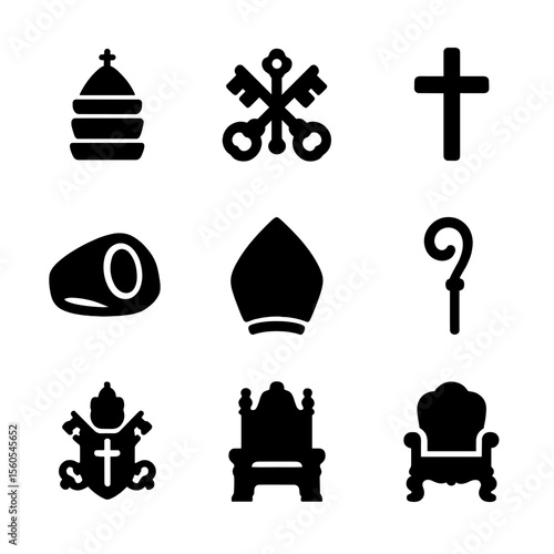 Papal Symbols Icons. Solid, filled icon set of papal symbols: tiara, keys of St. Peter, papal cross, ring, mitre, staff, coat of
