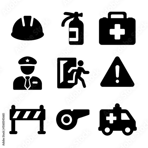 Parade Safety Icons. Solid, filled icon set of parade safety: helmet, fire extinguisher, first aid kit, security guard, emergency