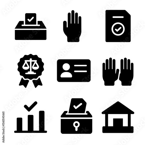 Democratic Integrity Icons. Solid, filled icon set of democratic integrity: voting box, citizen hand, ballot paper, fair election