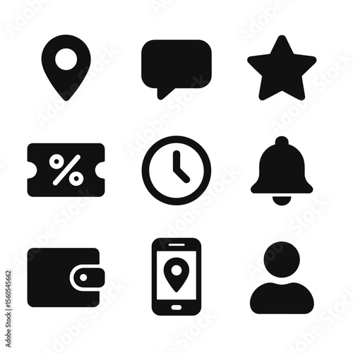 Delivery App Icons. Solid, filled icon set of delivery apps features: map pin, chat support, rating star, promo code, order